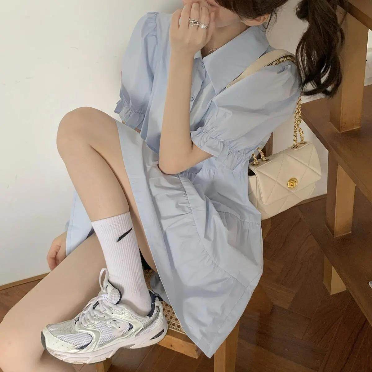 Puff sleeve dress suit women's autumn and summer new Korean-style ins temperament mid-length first love shirt dress two-piece set